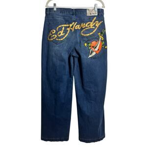 Ed Hardy Wide Leg Y2K Jeans Women 32 Blue Medium Wash Tattoo Baggy Graphic Pant